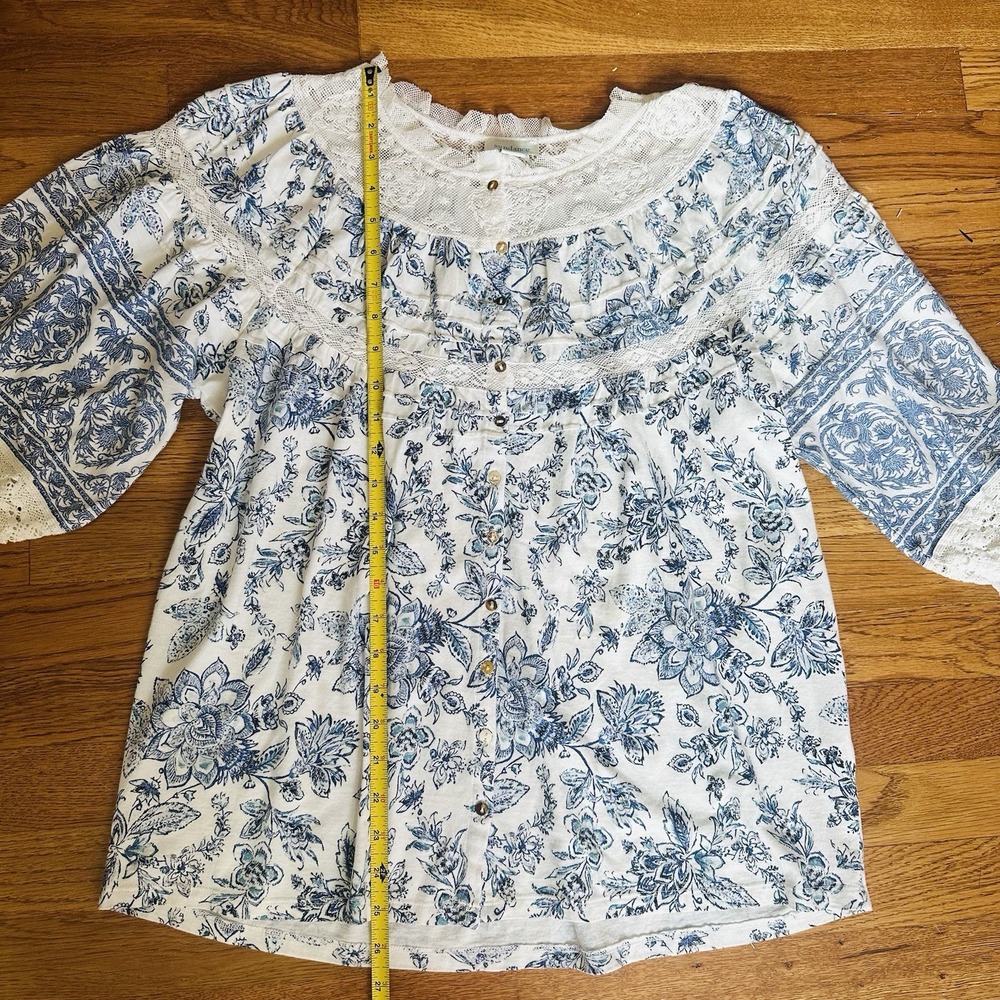 Sundance Top Womens M Blue Floral Lace Cottagecore Puff Sleeve Button Up - Picture 9 of 10
